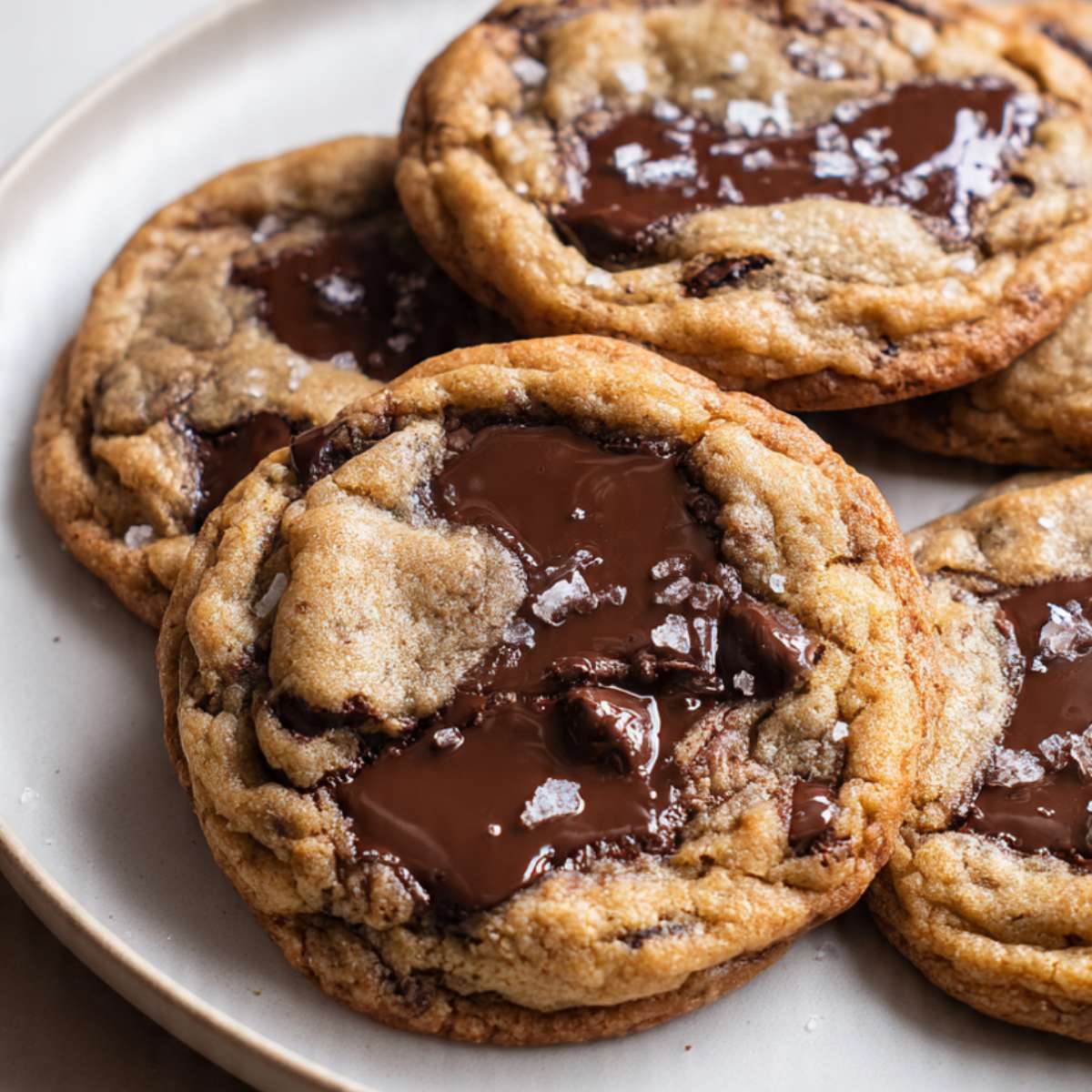 homemade chocolate chip cookies with dark chocolate chunks and flaked sea salt on a white plate