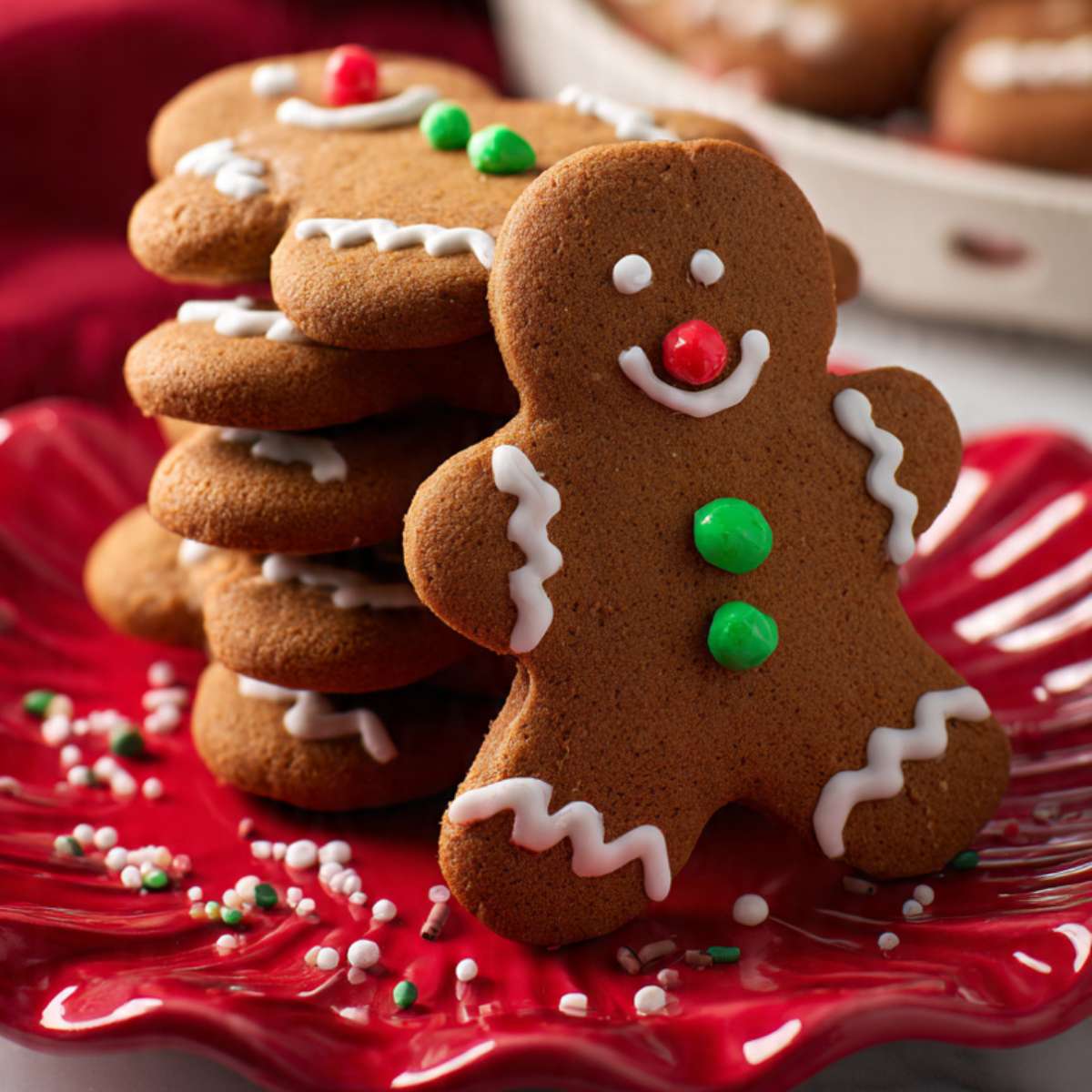 Gingerbread men cookies decorated with white royal icing zigzag lines and red and green candy buttons on a red scalloped plate