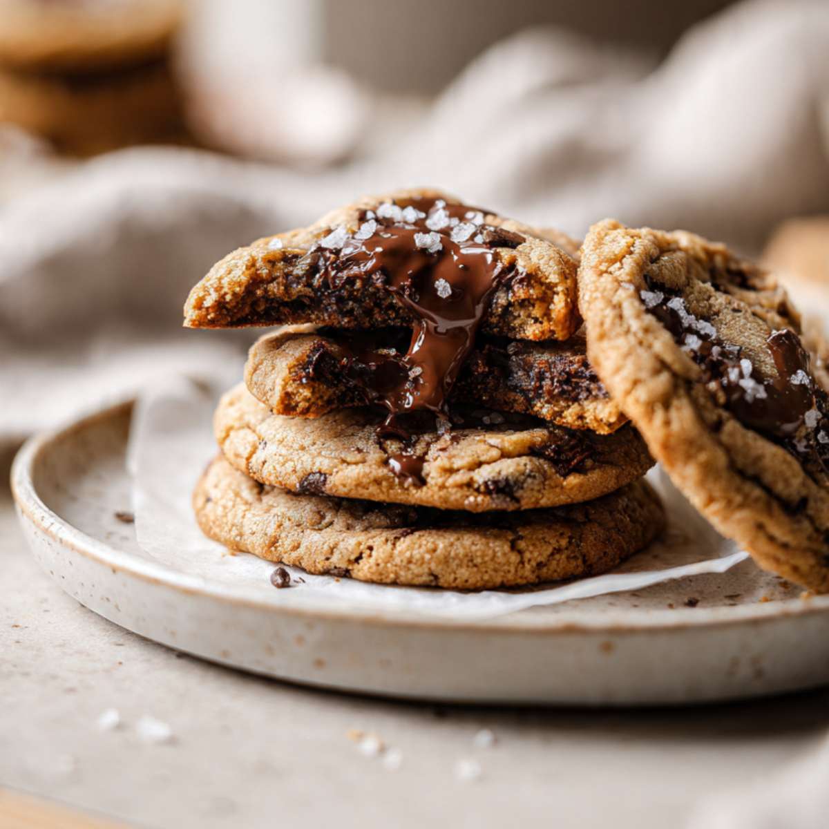 sourdough chocolate chip cookie broken open showing molten dark chocolate center and flaked sea salt finish