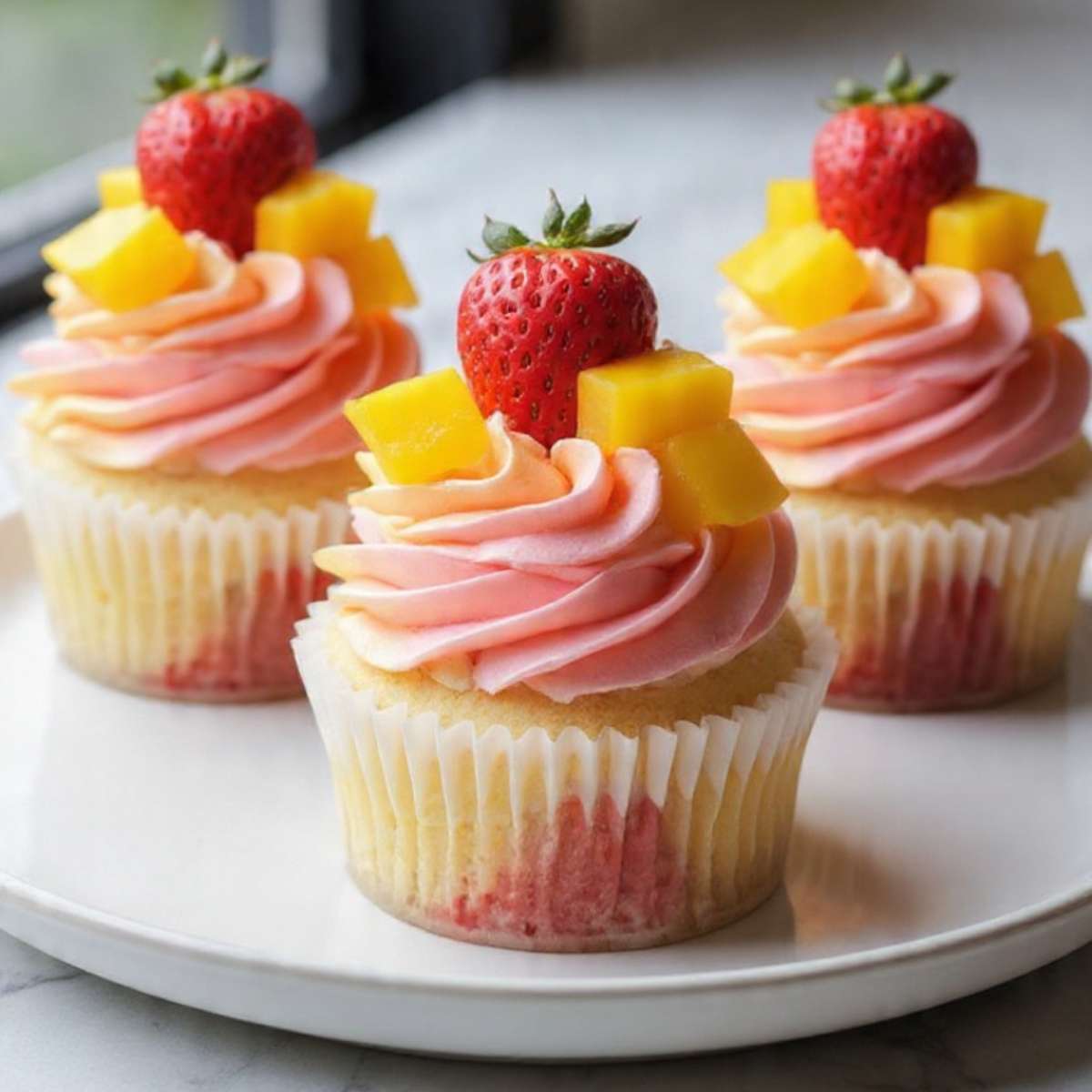 Three mango strawberry sunset cupcakes on a white plate showing rose pink to peach ombre buttercream swirl, diced mango, and whole strawberry on top