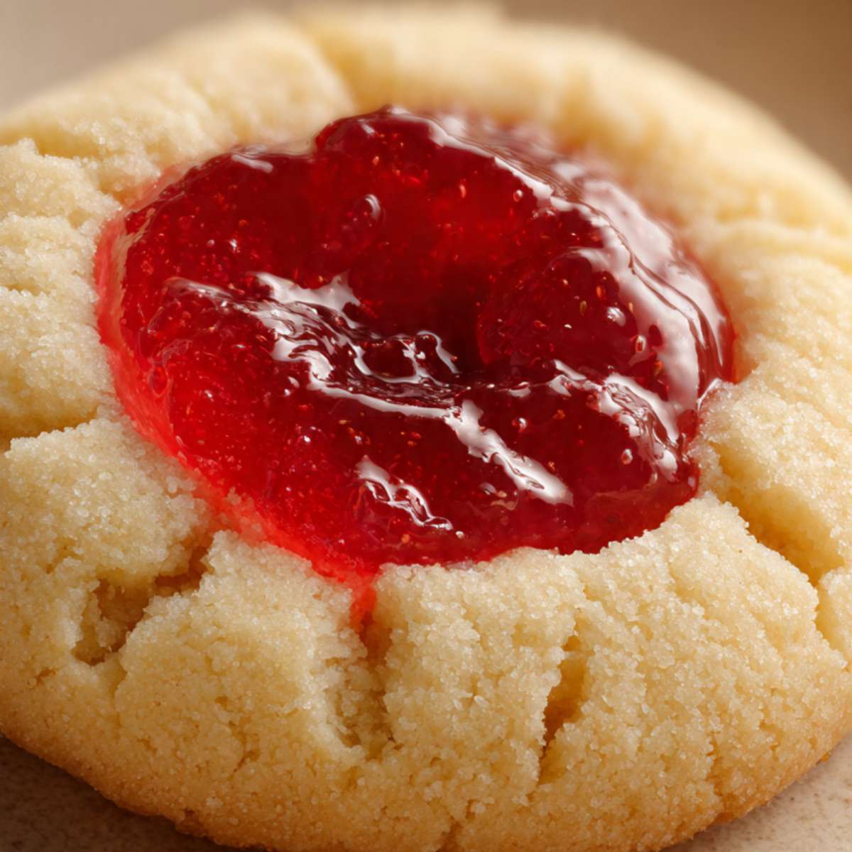 Single thumbprint cookie with glossy raspberry jam center showing sandy buttery cookie texture