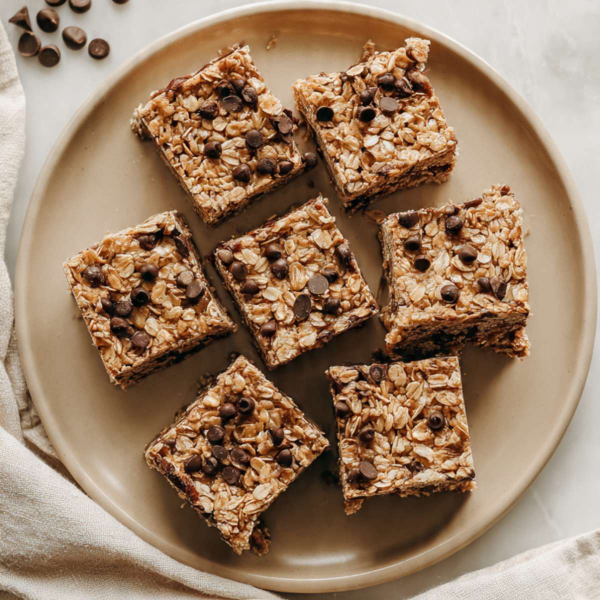 overhead view of oatmeal chocolate chip bars cut into squares arranged on a round plate with semi-sweet chocolate chips scattered on marble surface