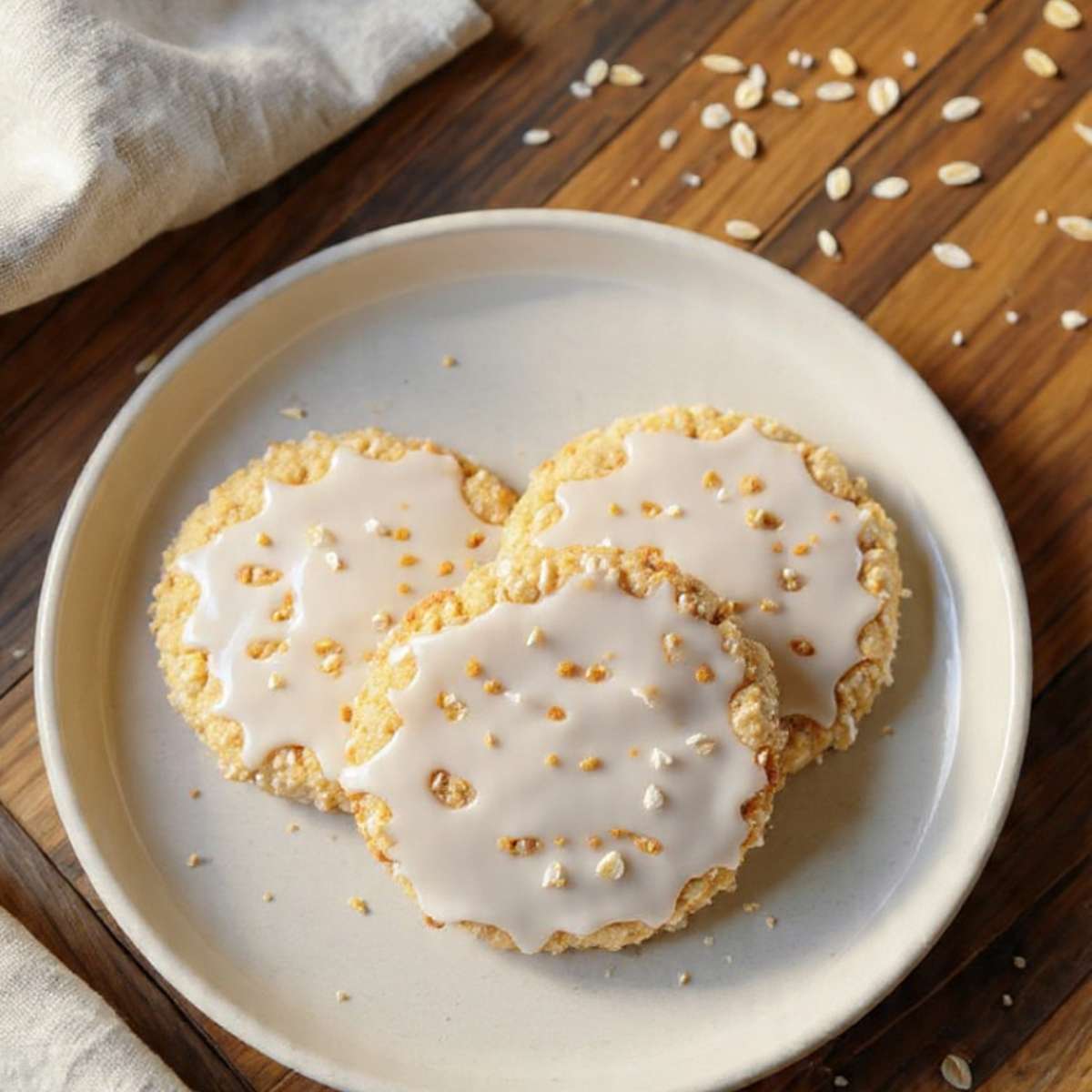Overhead iced oatmeal cookies with full white glaze coverage and scalloped edges on white ceramic plate