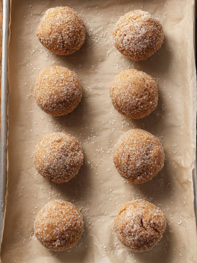 Peanut butter cookie dough balls rolled in granulated sugar arranged on parchment-lined baking sheet before pressing