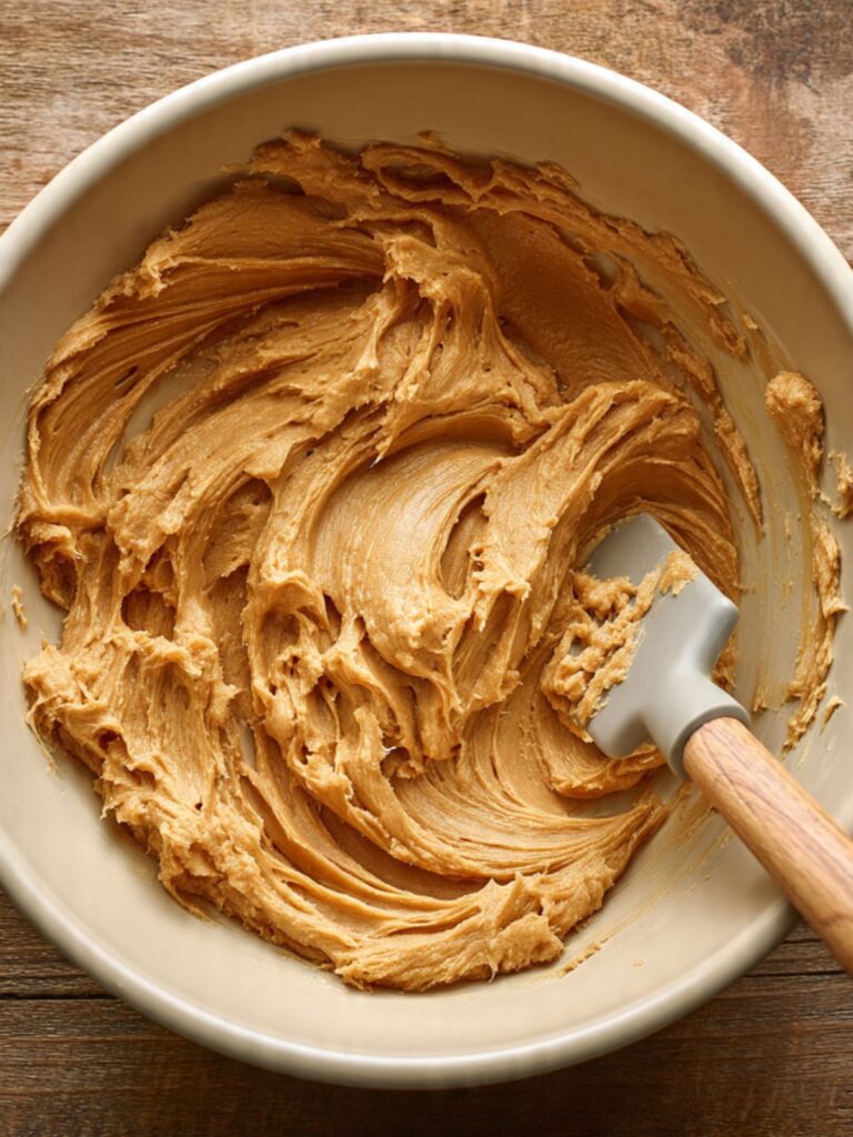 3 ingredient peanut butter cookie dough mixed in large bowl showing thick smooth glossy consistency ready to scoop