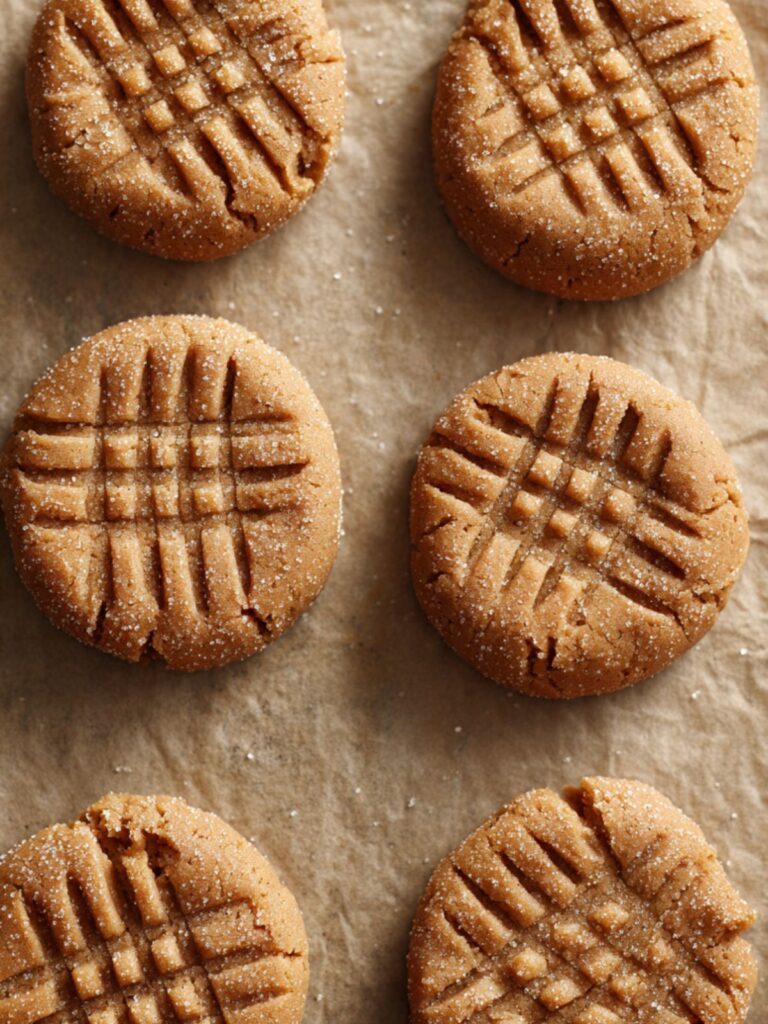 Peanut butter cookie dough pressed with fork crosshatch pattern on parchment-lined pan ready to bake