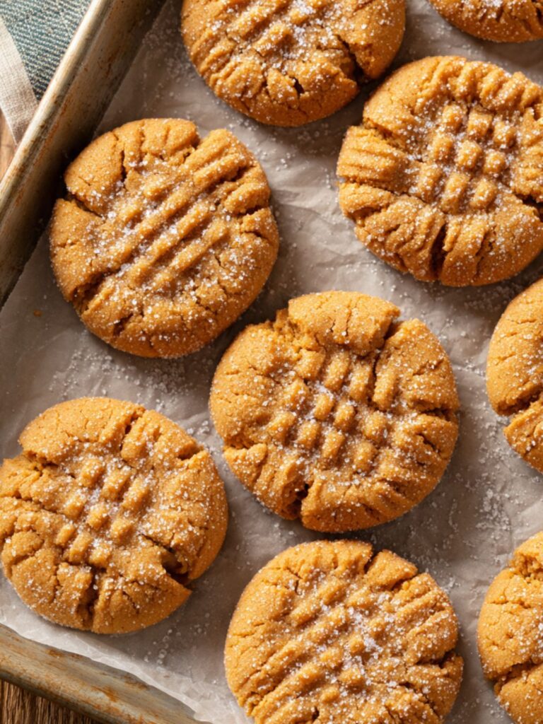 3 ingredient peanut butter cookies fresh from oven on parchment-lined pan showing deep golden edges before cooling rest