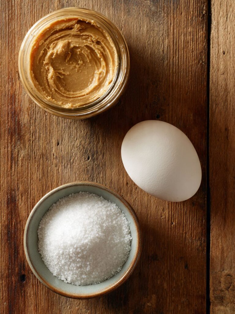 Three ingredients for peanut butter cookies flat lay — jar of peanut butter, bowl of white sugar, single egg on wood surface
