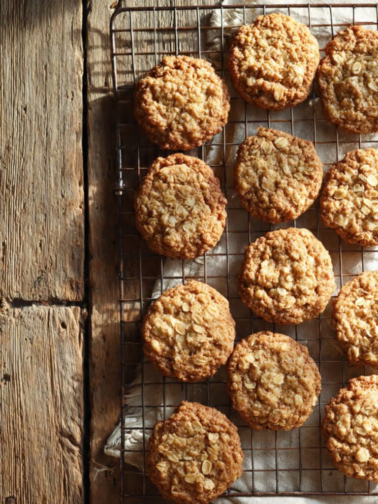 Freshly baked banana oatmeal cookies cooling on a wire rack showing golden caramelized oat edges