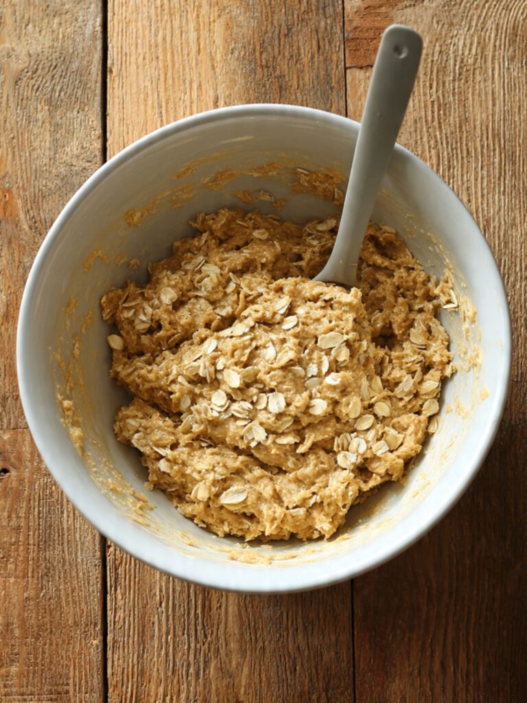 Thick banana oatmeal cookie dough in a large bowl showing visible old-fashioned rolled oats throughout