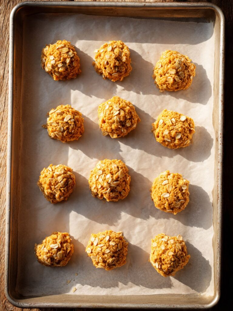 Banana oatmeal cookie dough portioned into rounded mounds on parchment lined baking sheet before baking