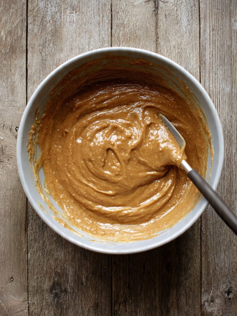 Large mixing bowl with combined banana butter and brown sugar wet mixture for banana oatmeal cookies