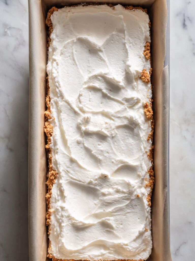 Assembled Biscoff icebox cake in loaf pan with smooth whipped cream top before overnight chilling