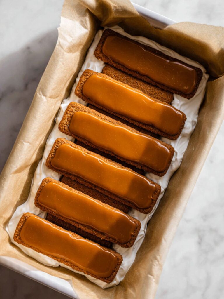 Warmed Lotus Biscoff cookie butter spread in a thin even layer over a row of Biscoff cookies in a loaf pan