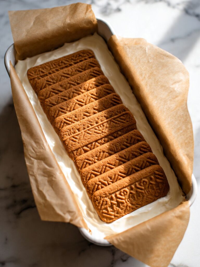 Single layer of Lotus Biscoff rectangular cookies fitted closely together over whipped cream in a parchment-lined loaf pan