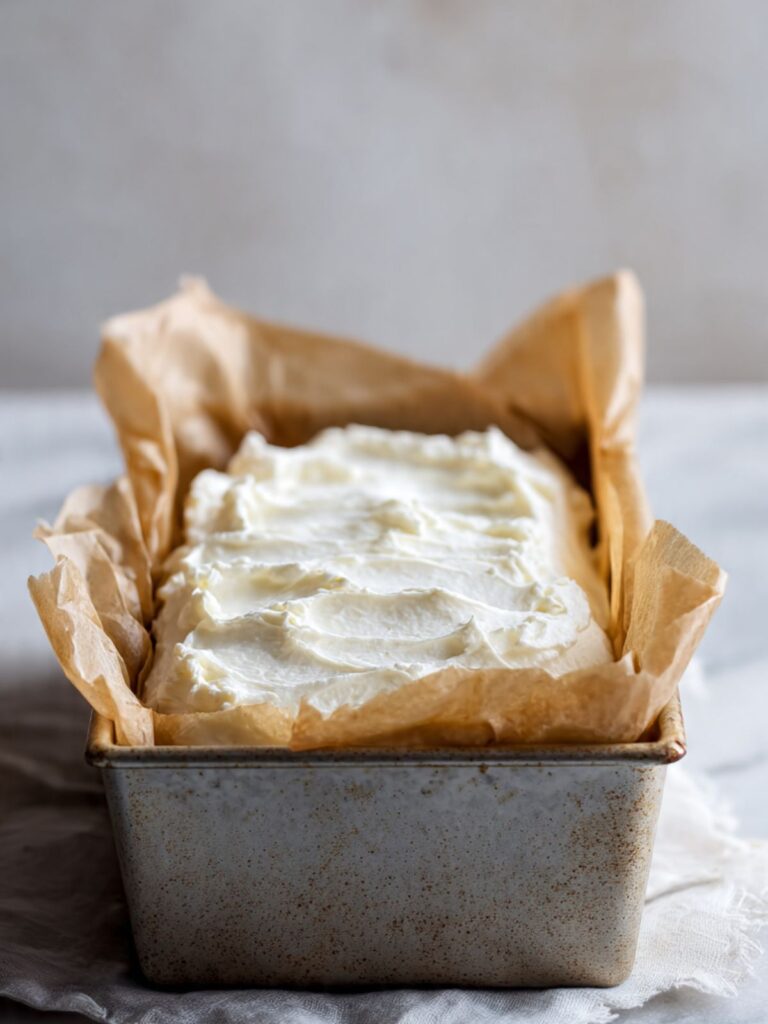 Parchment-lined loaf pan with a thin base layer of whipped cream spread across the bottom for Biscoff icebox cake