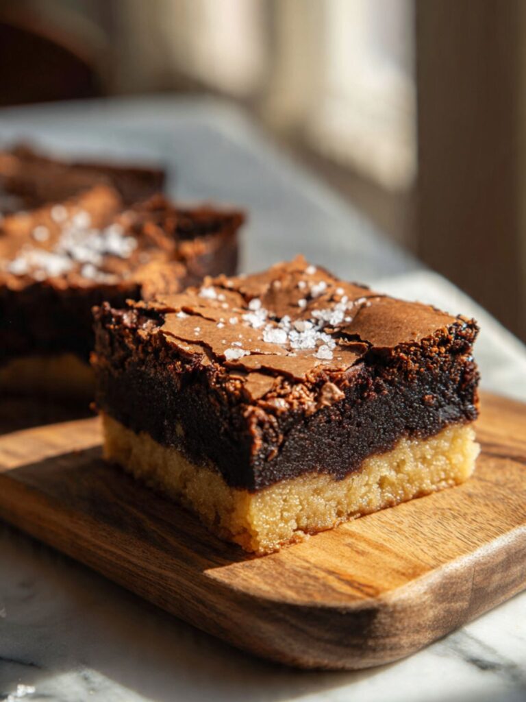 brookie bars being cut on board showing clean golden cookie base and fudgy brownie layer cross-section