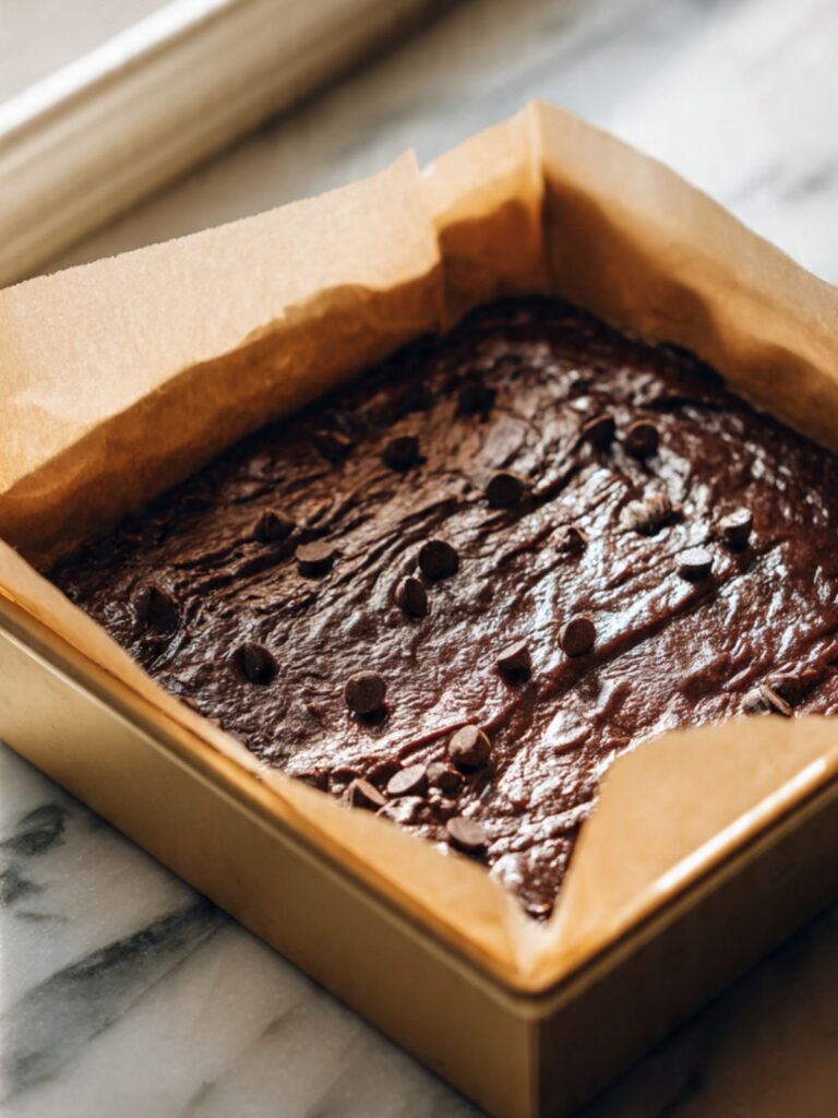 brookie brownie batter spread over par-baked cookie base in parchment-lined pan with chocolate chips on top