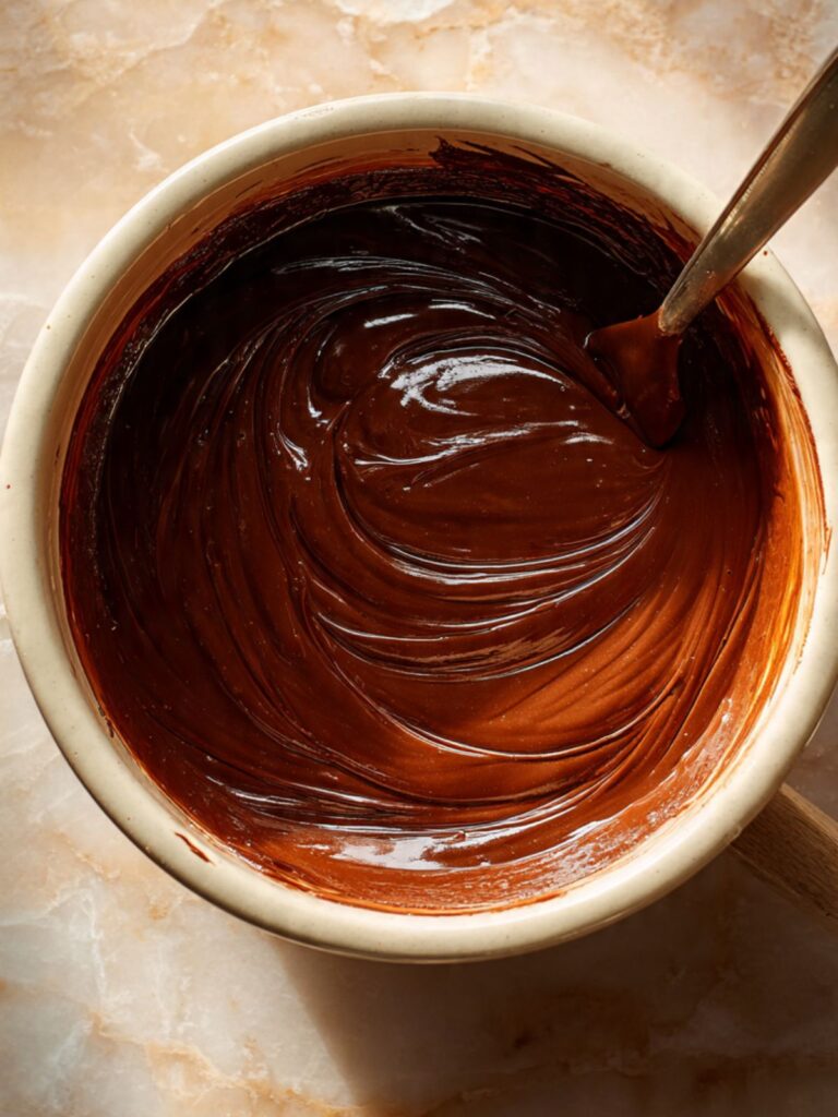 melted bittersweet chocolate and butter in mixing bowl smooth and glossy for brookie brownie layer