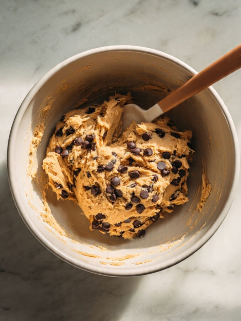brookie cookie base dough in mixing bowl with semi-sweet chocolate chips folded in on marble surface