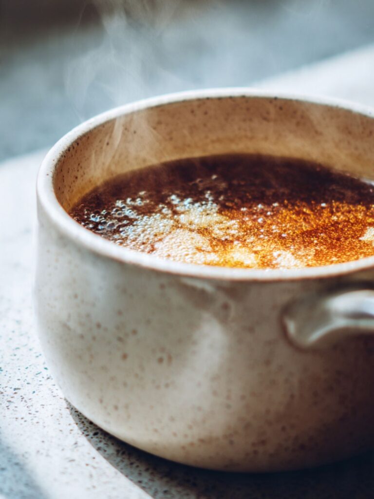 Light-colored saucepan with deep amber browned butter and toasted milk solid bits on a white speckled surface