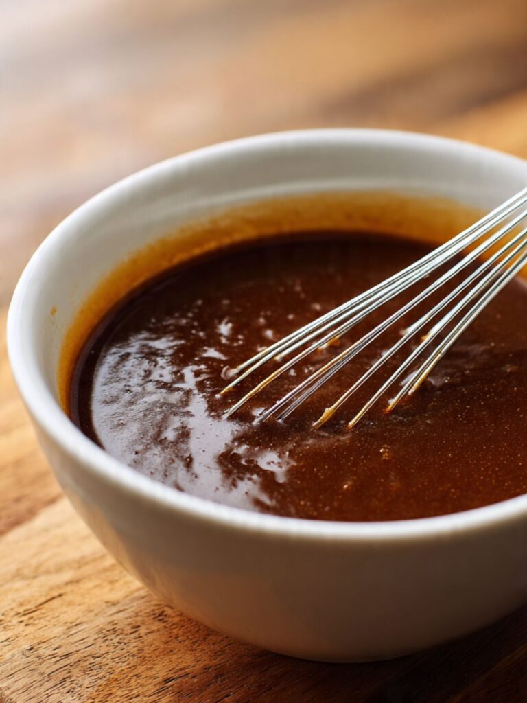 Large ceramic mixing bowl with thick glossy dark brown butter and sugar mixture and a whisk resting inside