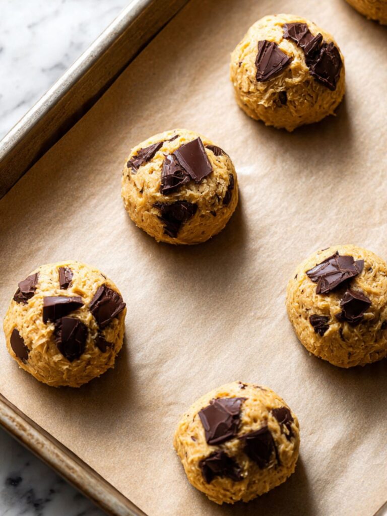 Parchment-lined baking sheet with six large brown cookie dough balls each topped with pressed dark chocolate chunks ready to bake