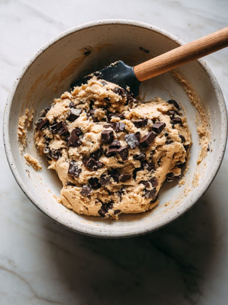 Large mixing bowl filled with thick brown cookie dough studded with irregular dark chocolate chunks and a rubber spatula resting inside