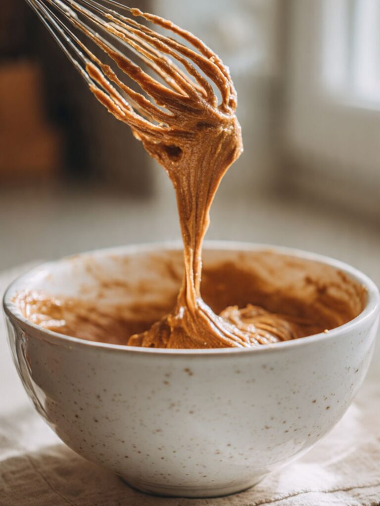 White ceramic mixing bowl with thick shiny brown cookie dough and a whisk lifted showing a slow ribbon falling back into the bowl