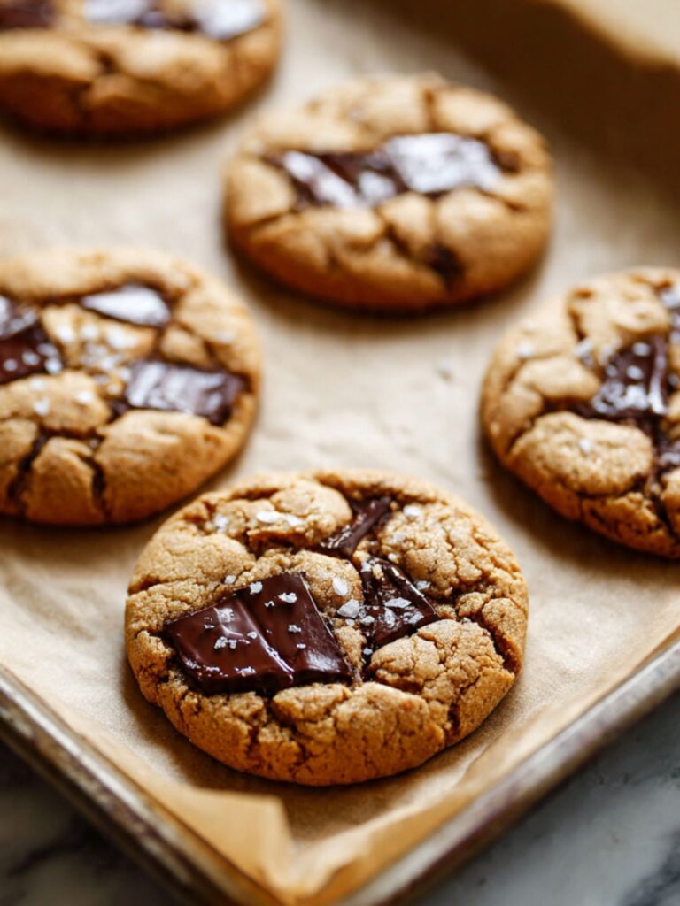 Brown butter chocolate chip cookies fresh from the oven on a parchment-lined baking sheet with golden rippled edges and soft puffy centers