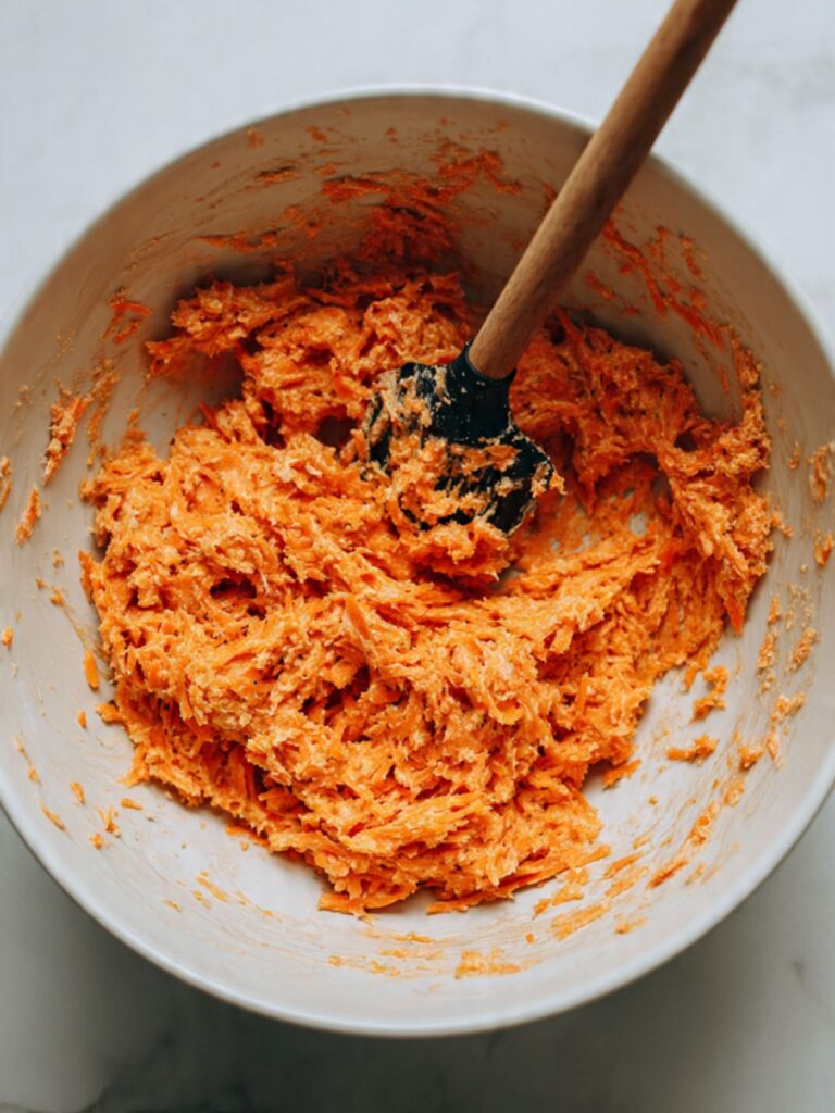 Overhead close-up of thick carrot cake cupcake batter in a white ceramic bowl showing visible medium-shred orange carrot pieces distributed throughout with a rubber spatula