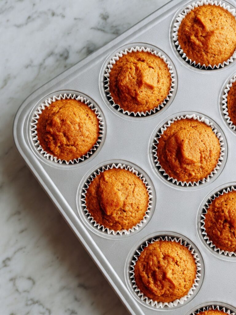 Overhead view of a light aluminum 12-cup muffin pan with white paper liners each filled three-quarters full with orange-tinted carrot cake batter ready to bake