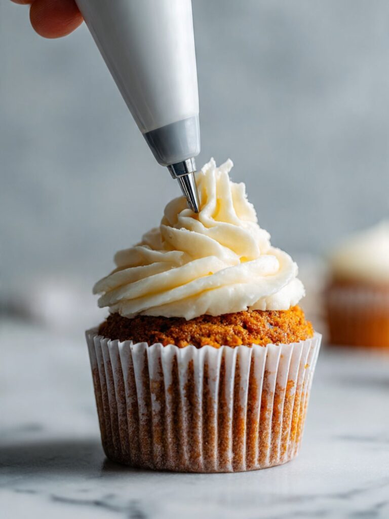 Close-up of a hand piping cream cheese frosting onto a cooled carrot cake cupcake using a piping bag with a large star tip, partial swirl visible in white paper liner