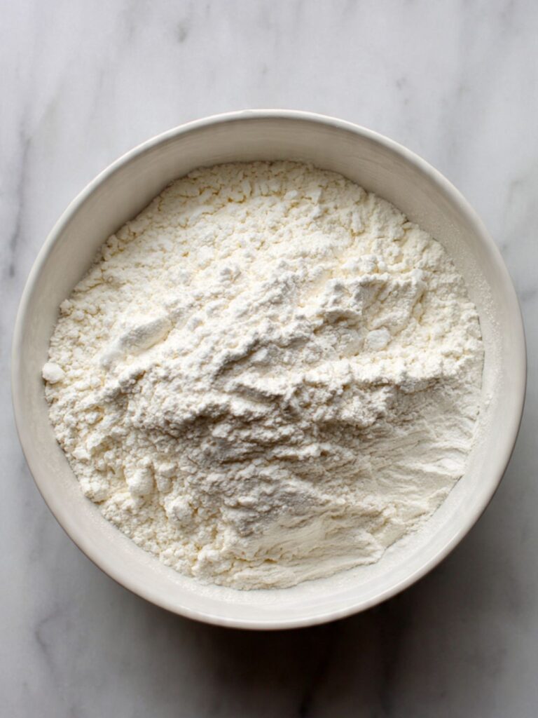 Overhead view of whisked flour, baking powder, baking soda and salt in a white ceramic bowl with an even lump-free texture on a white marble surface
