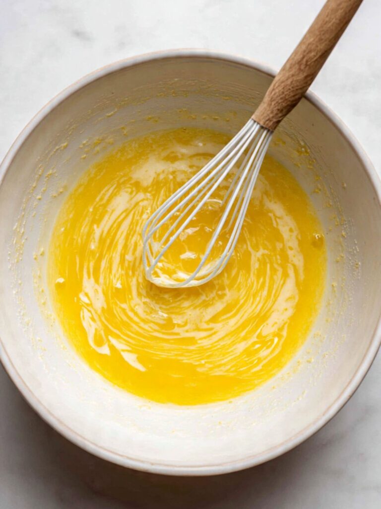 Overhead close-up of glossy pale yellow whisked egg, sugar and oil emulsion in a white ceramic bowl with a rubber spatula resting on the edge