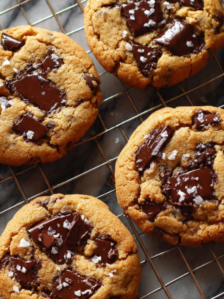 chewy chocolate chip cookies cooling on a wire rack with melted dark chocolate and flaked sea salt visible