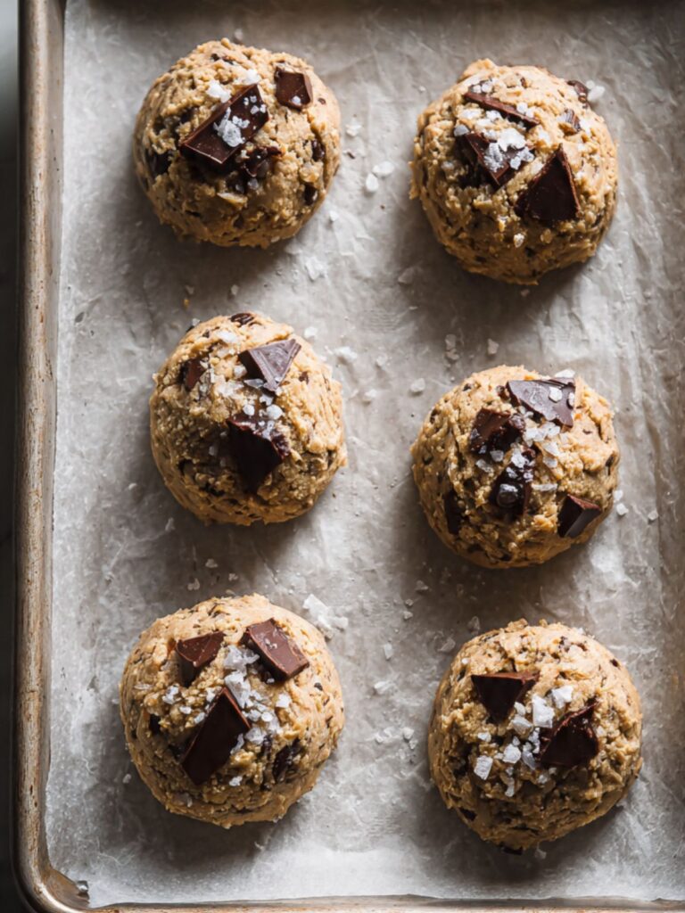 portioned chewy chocolate chip cookie dough balls on parchment-lined pan with chocolate chunks and sea salt on top