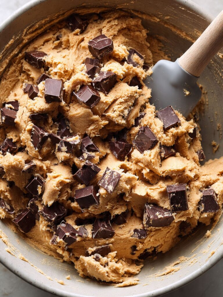 chewy chocolate chip cookie dough with dark chocolate chunks folded in ready for portioning