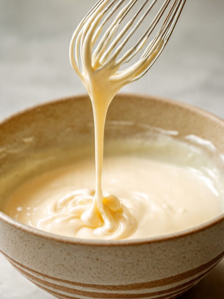 ribbony emulsified egg and butter mixture in a mixing bowl for chewy chocolate chip cookie dough