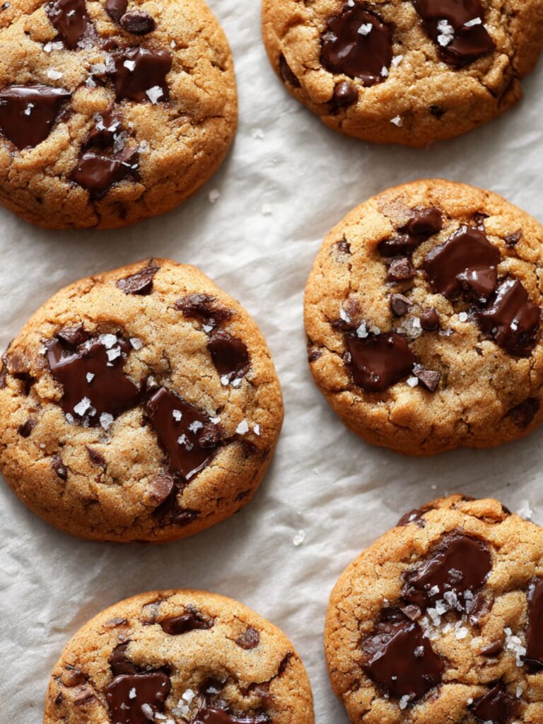 chewy chocolate chip cookies fresh from the oven on parchment pan with set golden edges and soft centers