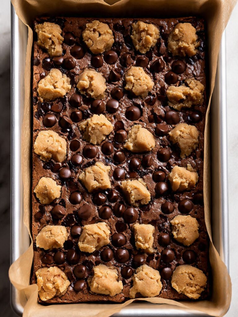 unbaked chocolate chip cookie brownie batter in parchment-lined pan with cookie dough pieces over dark brownie layer