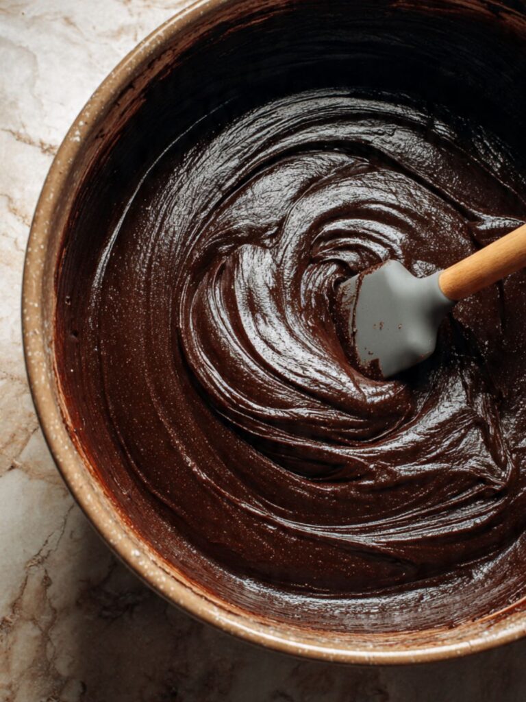 dark glossy Dutch-process cocoa brownie batter in a large mixing bowl with a silicone spatula, nearly black color