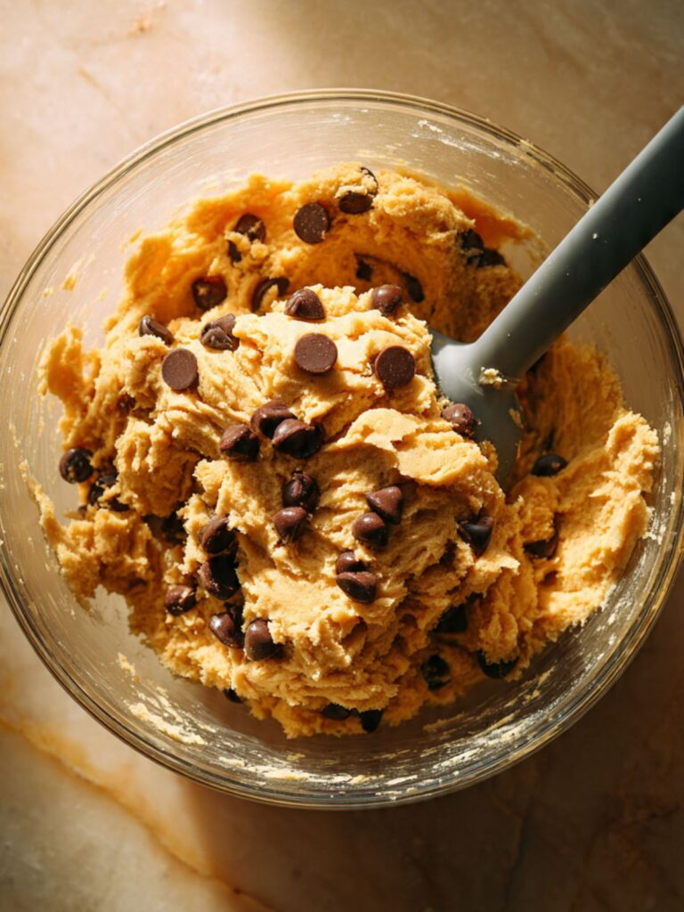 golden brown chocolate chip cookie dough in a mixing bowl with semi-sweet chocolate chips folded in, silicone spatula alongside