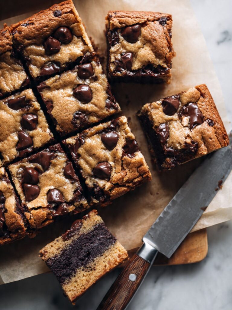 chocolate chip cookie brownies being cut into bars on parchment paper with a sharp knife showing clean cross-section