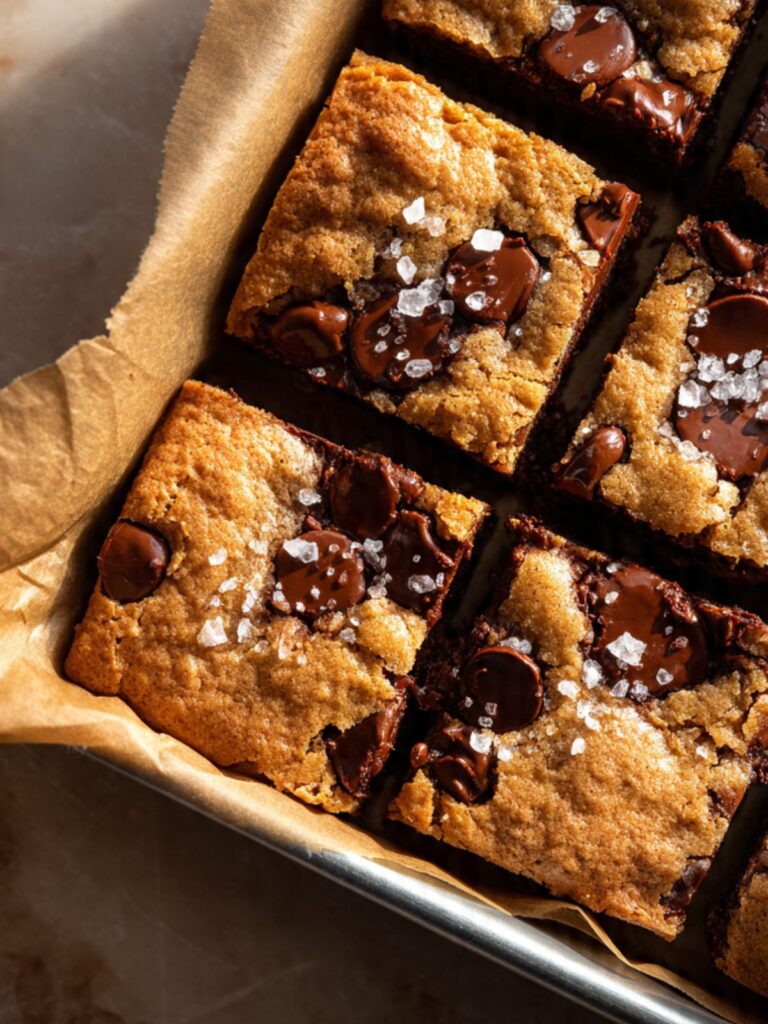 chocolate chip cookie brownies fresh from the oven in pan showing golden set cookie top with flaked sea salt just added