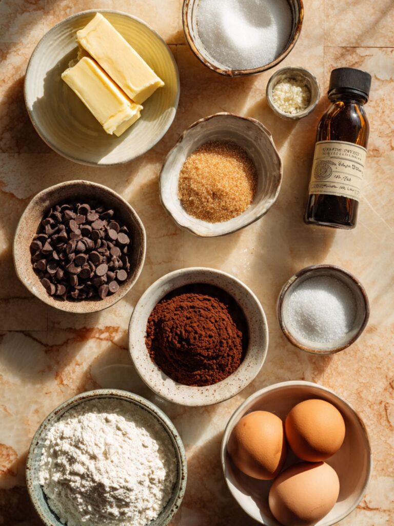 ingredients for chocolate chip cookie brownies measured and laid out including Dutch-process cocoa, chocolate chips, and flaked sea salt