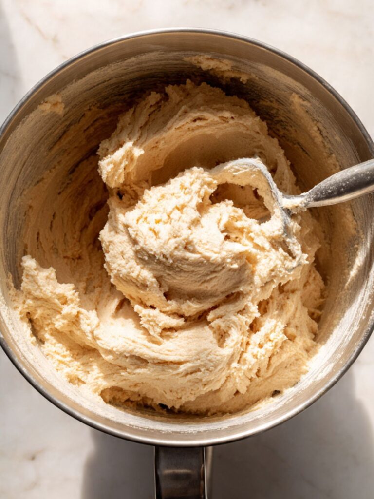 creamed butter and brown sugar in stand mixer bowl pale and fluffy