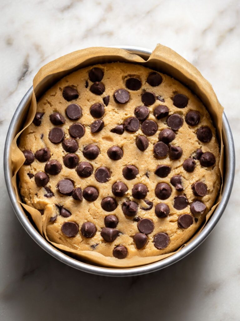 chocolate chip cookie cake dough pressed evenly into round cake pan before baking