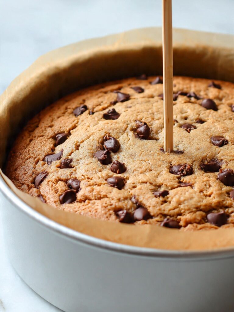 toothpick inserted in center of baked chocolate chip cookie cake with moist crumbs