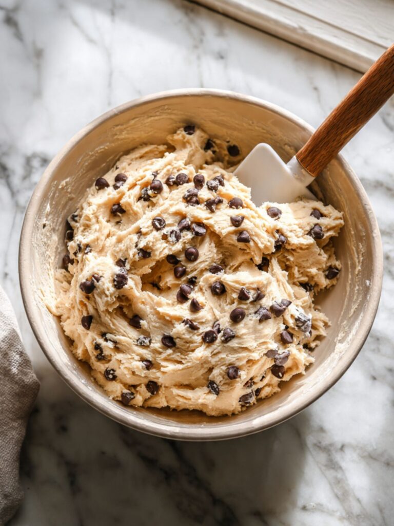 Edible cookie dough filling in mixing bowl with full-size chocolate chips folded in, ready to portion into cookie dough cups